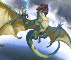 Rule 34 | black horns, blue background, brown fur, claws, dragon, flying, full body, green scales, horns, leviair, lightning, looking at viewer, mane, no humans, open mouth, original, overcast, scales, sharp teeth, sky, solo, storm, tail, teeth, yellow eyes, yellow wings