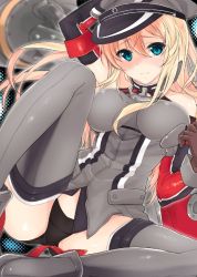 Rule 34 | 10s, 1girl, arm up, armband, bare shoulders, bismarck (kancolle), black panties, blonde hair, blue eyes, blurry, blush, brown gloves, depth of field, detached sleeves, gloves, grey thighhighs, hat, impossible clothes, kantai collection, long hair, long sleeves, machinery, military, military uniform, panties, peaked cap, sitting, solo, spread legs, thighhighs, underwear, uniform, yu yu