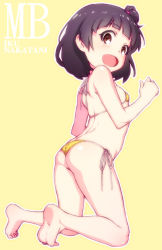 Rule 34 | 10s, 1girl, :d, ass, barefoot, bikini, black hair, blush, brown eyes, character name, feet, flat ass, flat chest, from behind, highres, hijiri rei, idolmaster, idolmaster million live!, kneeling, looking at viewer, looking back, nakatani iku, one side up, open mouth, outline, short hair, side-tie bikini bottom, side ponytail, smile, soles, solo, swimsuit, tiptoes, toes, yellow background