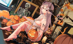 Rule 34 | 1girl, absurdres, anklet, arknights, auguste, barefoot, breasts, candle, candy, cuffs, demon girl, demon horns, eyepatch, food, halloween, halloween bucket, hat, highres, horns, jack-o&#039;-lantern, jewelry, large breasts, material growth, mudrock (arknights), mummy costume, oripathy lesion (arknights), pointy ears, pumpkin, rags, shackles, skeleton, solo, stitches, stuffed animal, stuffed rabbit, stuffed toy, trick or treat, unworn armor, witch hat