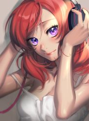 Rule 34 | 10s, 1girl, blush, chlfl05, hands on headphones, headphones, lips, looking at viewer, love live!, love live! school idol project, nishikino maki, off shoulder, purple eyes, red hair, smile, solo, upper body