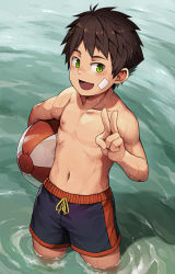 Rule 34 | 1boy, absurdres, ball, beachball, blue male swimwear, blue swim trunks, brown hair, character request, copyright request, cowboy shot, daikung, drawstring, from above, green eyes, highres, holding, holding ball, holding beachball, looking at viewer, looking up, male focus, male swimwear, muscular, muscular male, nipples, open mouth, partially submerged, plaster, smile, solo, source request, swim trunks, swimsuit, topless, topless male, v, wading, water, wet