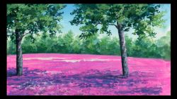 Rule 34 | blue sky, border, commentary request, day, field, flower, flower field, highres, hirota (masasiv3), nature, no humans, outdoors, painting (medium), scenery, sky, traditional media, tree, watercolor (medium)