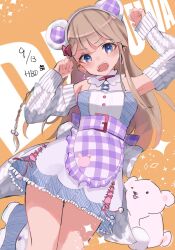 Rule 34 | 1girl, :o, animal ears, apron, bear ears, blonde hair, blue eyes, blue shirt, blue skirt, blunt bangs, blush, braided sidelock, cable knit, dangle earrings, dated, detached sleeves, dot nose, dutch angle, earrings, embarrassed, fake animal ears, foot out of frame, frilled apron, frilled skirt, frills, happy birthday, highres, idoly pride, jewelry, legs together, long sleeves, looking at viewer, narumiya suzu, open mouth, orange background, paw pose, plaid, plaid apron, pleated skirt, purple apron, shirt, sidelocks, simple background, skirt, sleeveless, sleeveless shirt, solo, sparkle, teeth, teritama (teripla), thick thighs, thighs, two-tone shirt, upper teeth only, v-shaped eyebrows, waist apron, white shirt, white sleeves