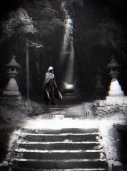 Rule 34 | 1boy, absurdres, blurry, chromatic aberration, cloak, dual wielding, faceless, film grain, full body, greyscale, highres, holding, hood, hood up, hooded cloak, male focus, maro (m r 6717), monochrome, outdoors, photo background, sleeves past elbows, solo, stairs, standing, stone stairs, sword, touken ranbu, tree, weapon, wide shot, yamanbagiri kunihiro