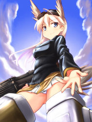Rule 34 | 1girl, a9b (louis814), ahoge, blonde hair, blue eyes, fisheye, flying, goggles, goggles on head, hanna-justina marseille, head wings, highres, long hair, looking at viewer, looking down, military, military uniform, outstretched hand, panties, smile, solo, strike witches, striker unit, underwear, uniform, upskirt, wings, world witches series