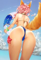 Rule 34 | 1girl, animal ears, ass, backboob, bikini, blue bikini, blue sky, bracelet, breasts, contrail, day, derivative work, fate/grand order, fate (series), fox ears, fox tail, from behind, hair over shoulder, hat, innertube, jewelry, large breasts, legs apart, necklace, outdoors, pink hair, sideboob, sky, standing, starfish, sun hat, swim ring, swimsuit, tail, tamamo (fate), tamamo no mae (fate/extra), tamamo no mae (swimsuit lancer) (fate), viola (seed), wet