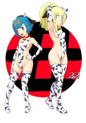 Rule 34 | 2girls, animal ears, animal print, aqua eyes, armpits, arms behind head, belly, blonde hair, blue eyes, blue hair, blunt bangs, braid, breasts, chinese zodiac, choker, clothing cutout, collarbone, covered erect nipples, cow ears, cow horns, cow print, cow print bikini, cowbell, creatures (company), elbow gloves, fake animal ears, freckles, full body, game freak, gloves, hairband, halterneck, hand on own hip, hand on own thigh, highres, horns, lana (pokemon), lillie (pokemon), long hair, looking at viewer, multiple girls, neck bell, nintendo, open mouth, pokemon, pokemon (anime), pokemon sm (anime), ponytail, print bikini, side cutout, simple background, smile, standing, swimsuit, text background, thighhighs, tof, white background, white hairband, white legwear, year of the ox