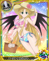 Rule 34 | 10s, 1girl, asia argento, bikini, bishop (chess), blonde hair, blue bikini, bracelet, breasts, card (medium), character name, chess piece, demon wings, eyebrows, flower, green eyes, hat, high school dxd, holding, jewelry, long hair, looking at viewer, medium breasts, necklace, official art, shiny skin, side-tie bikini bottom, smile, solo, swimsuit, trading card, underboob, wings