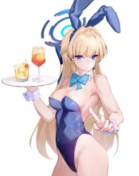 Rule 34 | 1girl, absurdres, animal ears, armpits, bare shoulders, blonde hair, blue archive, blue bow, blue bowtie, blue eyes, blue leotard, bow, bowtie, braid, breasts, cleavage, cocktail glass, collarbone, commentary request, cup, detached collar, drink, drinking glass, earrings, expressionless, fake animal ears, hair between eyes, hair down, hairband, halo, headset, highleg, highleg leotard, highres, holding, holding tray, jewelry, large breasts, leotard, long hair, looking at viewer, medium breasts, multicolored hair, official alternate costume, official alternate hairstyle, rabbit ears, sidelocks, simple background, single braid, sleeveless, solo, strapless, strapless leotard, streaked hair, toki (blue archive), toki (bunny) (blue archive), tray, two-tone hair, v, white background, wrist cuffs, xiaomaiyangcongzhou