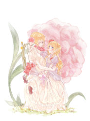 Rule 34 | 2girls, beatrice castiglioni, blonde hair, blue eyes, bouquet, chair, dress, flower, hair bun, hair flower, hair ornament, highres, long hair, mary janes, mother and daughter, multiple girls, no shoes, open mouth, puffy sleeves, shoes, single hair bun, sitting, sitting on lap, sitting on person, smile, spoilers, starhoshi, umineko no naku koro ni, ushiromiya beatrice