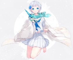 Rule 34 | 1girl, aqua scarf, bare legs, barefoot, blue eyes, blue flower, blue neckerchief, blue rose, braid, cape, circle, closed mouth, dagger, expressionless, floating, floral print, flower, full body, grey background, grey skirt, hair flower, hair ornament, hanasato (okashino), highres, holding, holding dagger, holding knife, holding weapon, knife, long sleeves, looking at viewer, mikoto shizuku, neckerchief, pleated skirt, rose, sailor collar, scarf, school uniform, serafuku, short braid, short hair, skirt, sleeves past wrists, snow, snowflakes, snowing, solo, thighs, toes, touran-sai, twin braids, weapon, white cape, white hair, white sailor collar, white serafuku
