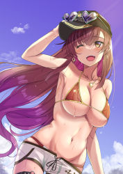 Rule 34 | 1girl, ;d, armpits, bikini, black headwear, blue sky, breasts, cloud, commentary request, day, earrings, eyewear on headwear, hand on headwear, heart, heart-shaped eyewear, heart earrings, heart necklace, highres, hololive, houshou marine, houshou marine (summer), jewelry, large breasts, long hair, navel, necklace, one eye closed, open mouth, red bikini, red hair, ryuunagi hyouga, shorts, sky, smile, solo, stomach, sunglasses, sweat, swimsuit, teeth, upper teeth only, virtual youtuber, white shorts, yellow eyes