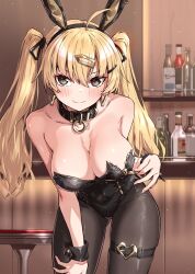 Rule 34 | 1girl, bar (place), bare shoulders, black pantyhose, blonde hair, blush, bottle, breasts, cleavage, closed mouth, earrings, fang, hair ornament, hairclip, highres, indoors, jewelry, large breasts, leotard, long hair, looking at viewer, original, pantyhose, playboy bunny, skin fang, smile, solo, takanashi kei (hitsujikan), thigh strap, twintails
