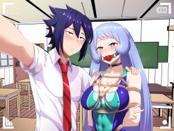 Rule 34 | 1boy, 1girl, amajiki tamaki, ball gag, bare shoulders, bdsm, black hair, blue eyes, blue hair, blush, boku no hero academia, bondage, bound, breasts, chair, classroom, cleavage, competition swimsuit, covered erect nipples, desk, gag, gagged, hadou nejire, hand on another&#039;s shoulder, hetero, highres, indoors, large breasts, necktie, one-piece swimsuit, outstretched arm, restrained, rimutsutaka, rope, saliva, saliva trail, school chair, school desk, school uniform, selfie, short sleeves, smile, swimsuit, v