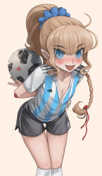 Rule 34 | 1girl, 2018 fifa world cup, absurdres, ahoge, argentina, argentinian flag, argentinian flag print, ball, bandages, blonde hair, blue eyes, blush, braid, breasts, cleavage, collarbone, elf, eudetenis, fangs, fingernails, flag print, full body, hair ornament, hair ribbon, hair scrunchie, highres, holding, holding ball, kneehighs, legs together, long hair, long pointy ears, looking at viewer, open mouth, original, pants, pointy ears, ponytail, ribbon, scrunchie, shirt, shorts, simple background, smile, soccer, soccer ball, soccer uniform, socks, solo, sportswear, standing, striped clothes, striped shirt, thigh gap, thighs, vertical-striped clothes, vertical-striped shirt, world cup