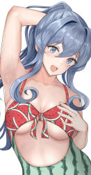 Rule 34 | 1girl, absurdres, arm up, armpits, baji toufuu (bajitohfu), blue eyes, blue hair, breasts, casual one-piece swimsuit, collarbone, food print, front-tie swimsuit, gotland (kancolle), highres, kantai collection, large breasts, long hair, mole, mole under eye, navel, one-piece swimsuit, ponytail, print swimsuit, solo, swimsuit, upper body, watermelon print