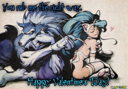Rule 34 | 1boy, 1girl, ahoge, animal ears, animal hands, big hair, blue hair, capcom, cat ears, claws, closed eyes, felicia (vampire), fingernails, furry, furry male, furry with non-furry, gallon (vampire), happy valentine, head rest, heart, indian style, interspecies, long fingernails, long hair, monster girl, official art, pants, signature, sitting, spoken heart, stanley lau, topless male, valentine, vampire (game), werewolf, yellow eyes