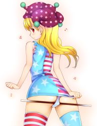 Rule 34 | 1girl, alternate legwear, american flag dress, american flag legwear, ass, bare arms, bare shoulders, beamed quavers, blonde hair, clownpiece, commentary request, dress, hat, highres, in panties, jester cap, long hair, looking at viewer, looking back, microdress, musical note, no wings, object in clothes, object in panties, panties, quaver, red eyes, sleeveless, sleeveless dress, smile, solo, stick, striped clothes, striped dress, thighhighs, thighs, touhou, underwear, very long hair, white panties, zuttokodomo