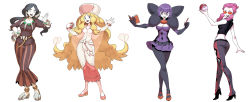 Rule 34 | 4girls, blonde hair, book, breasts, caitlin (pokemon), cleavage, creatures (company), drasna (pokemon), elite four, game freak, genzoman, glasses, hand on own hip, high heels, highres, holding, holding book, holding poke ball, long hair, looking at viewer, looking to the side, malva (pokemon), midriff, multiple girls, nintendo, open mouth, parody, pink hair, poke ball, pokemon, pokemon bw, pokemon xy, shauntal (pokemon), style parody, sunglasses, very long hair, wide hips