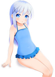 Rule 34 | 1girl, bad id, bad pixiv id, blue eyes, blue hair, blue one-piece swimsuit, blush, casual one-piece swimsuit, commentary request, gochuumon wa usagi desu ka?, hair ornament, hairclip, highres, kafuu chino, kimura matsuri, long hair, one-piece swimsuit, simple background, sitting, solo, swimsuit, white background