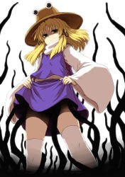 Rule 34 | 1girl, absurdres, blonde hair, clothes lift, darkness, female focus, from below, green eyes, hands on own hips, hat, highres, itou yuuji, moriya suwako, shaded face, short hair, skirt, skirt lift, smile, smirk, solo, standing, thighhighs, touhou, white background, white thighhighs