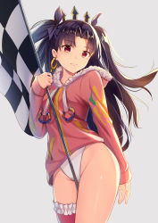 Rule 34 | 1girl, black hair, checkered flag, cowboy shot, crown, earrings, fate/grand order, fate (series), flag, frilled thighhighs, frills, hair ribbon, highleg, highleg swimsuit, highres, hood, hoodie, hoop earrings, ishtar (fate), jewelry, looking at viewer, one-piece swimsuit, parted bangs, pink thighhighs, ribbon, single thighhigh, solo, swimsuit, swimsuit under clothes, thighhighs, thighs, tohsaka rin, two side up, white one-piece swimsuit, yan (nicknikg)