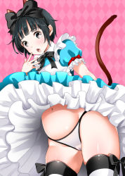 Rule 34 | 1girl, :o, animal ears, argyle, argyle background, argyle clothes, belly, black eyes, black hair, blush, bow, cameltoe, cat ears, clothes lift, cowboy shot, dress, dress lift, elin, hair bow, hand to own mouth, mojarin (kihara mojarin), navel, panties, short hair, skirt, skirt lift, solo, striped clothes, striped thighhighs, tail, tera online, thighhighs, underwear, white panties, wind, wind lift