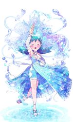 Rule 34 | 1girl, appleko, aqua dress, aqua hair, arm up, bare shoulders, breasts, choker, closed eyes, collarbone, creatures (company), dancing, dress, feet, full body, game freak, gen 2 pokemon, hair ornament, halter dress, halterneck, hand on own chest, highres, kris (pokemon), kris (sygna suit) (pokemon), legendary pokemon, medium hair, nintendo, official alternate costume, open mouth, pokemon, pokemon masters ex, sandals, shorts, shorts under dress, side slit, small breasts, standing, standing on one leg, suicune, white background, wrist cuffs