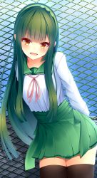 Rule 34 | 1girl, :d, against fence, arms behind back, black thighhighs, blue sky, blunt bangs, blush, chain-link fence, cowboy shot, day, eyelid piercing, fence, green hair, green hairband, hairband, highres, kiseno, leaning to the side, legs together, long hair, long sleeves, looking at viewer, miniskirt, open mouth, outdoors, piercing, pink ribbon, pleated skirt, red eyes, ribbon, school uniform, serafuku, shirt, sidelocks, skirt, sky, smile, solo, standing, straddling, thighhighs, touhoku zunko, very long hair, voiceroid, white shirt, zettai ryouiki