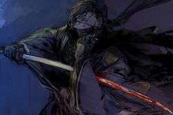 Rule 34 | 1boy, black gloves, black hair, black kimono, black scarf, blood, blood on clothes, blood on face, bloody weapon, blue background, fate/grand order, fate (series), gloves, holding, holding sword, holding weapon, japanese clothes, katana, kimono, looking at viewer, male focus, mask, motion lines, mouth mask, purple eyes, scarf, short hair, sideways glance, simple background, solo, sword, umu (um), upper body, weapon, wiping, yamanami keisuke (fate)