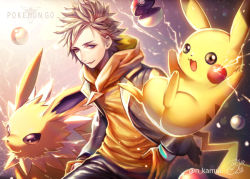 Rule 34 | 1boy, artist name, blonde hair, commentary, creatures (company), electricity, game freak, gen 1 pokemon, gloves, grey eyes, jolteon, kamui natsuki, looking to the side, male focus, nintendo, open clothes, orange gloves, parted lips, pikachu, poke ball, poke ball (basic), pokemon, pokemon (creature), pokemon go, signature, spark (pokemon), spiked hair