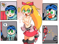 Rule 34 | 1boy, 1girl, ?, android, anger vein, armor, beck (mighty no. 9), blonde hair, boots, call (mighty no. 9), call f, fingerless gloves, gloves, green eyes, hairband, headphones, helmet, long hair, mighty no. 9, no humans, open mouth, ponytail, ribbon, robot, walk-in, weapon