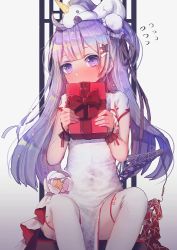 Rule 34 | alternate costume, artist request, azur lane, bad id, bad twitter id, blush, chinese clothes, crane (machine), gift, hair ornament, long hair, looking at viewer, name connection, object on head, pelvic curtain, purple eyes, purple hair, sitting, solo, thighhighs, unicorn (azur lane), unicorn (the gift of spring) (azur lane), white thighhighs