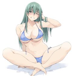 Rule 34 | 1girl, ;), adjusting hair, alternate costume, aqua eyes, aqua hair, bikini, blue bikini, breasts, cleavage, collarbone, commentary request, hair between eyes, highres, indian style, kantai collection, large breasts, long hair, looking at viewer, navel, one eye closed, parted lips, side-tie bikini bottom, simple background, sitting, smile, solo, suzuya (kancolle), swimsuit, zekkyon