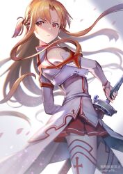 Rule 34 | 1girl, armor, asuna (sao), asymmetrical bangs, braid, breastplate, brown eyes, brown hair, detached sleeves, dress, from side, highres, holding, holding sheath, holding sword, holding weapon, knights of blood uniform (sao), long hair, looking back, parted lips, pleated skirt, red skirt, sheath, sheathed, skirt, solo, sword, sword art online, thighhighs, twitter username, weapon, white dress, yappo (point71)