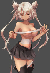 Rule 34 | 10s, 1girl, areola slip, bad id, bad pixiv id, blonde hair, blush, breasts, budget sarashi, censored, convenient censoring, dark-skinned female, dark skin, kantai collection, large breasts, long hair, miniskirt, musashi (kancolle), musashi kai (kancolle), natsuhachi, personification, pointy hair, red eyes, sarashi, skirt, solo, thighhighs, topless, twintails, two side up, zettai ryouiki