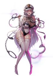 Rule 34 | 1girl, acrasia, bare shoulders, breasts, chain, cuffs, destiny child, garter straps, handcuffs, hat, highleg, large breasts, navel, pink eyes, sailor hat, silver hair, thighhighs, whip