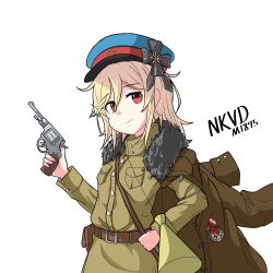Rule 34 | 1girl, absurdres, artist request, blonde hair, character name, commentary request, cylinder, cylinder (weapon), english text, fur collar, gas-seal revolver, girls&#039; frontline, gun, handgun, hat, highres, jacket, jacket on shoulders, korean commentary, medal, megaphone, military, military uniform, nagant m1895, nagant revolver (girls&#039; frontline), nkvd, peaked cap, red eyes, revolver, solo, soviet, uniform, weapon