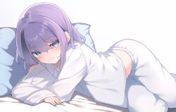 1girl bed_sheet blue_eyes blue_pillow blush bob_cut closed_mouth dot_nose feet_out_of_frame kinukawa_chinatsu long_sleeves looking_at_viewer lying original otokuyou pajamas pillow purple_hair short_hair simple_background single_sidelock sleeves_past_wrists smile solo swept_bangs white_background white_pajamas