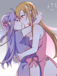 Rule 34 | 2girls, absurdres, ahoge, arms around neck, arms around waist, asuna (sao), blush, brown hair, dutch angle, eye contact, forehead-to-forehead, from side, hair ornament, heads together, highres, hug, long hair, looking at another, multiple girls, neosight, purple hair, red eyes, smile, sword art online, thighs, twitter username, yuri, yuuki (sao)