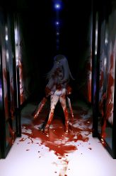 Rule 34 | 1girl, bare shoulders, blood, blood on clothes, blood on face, blood on hands, blood on wall, bloody weapon, braid, clothing cutout, door, dual wielding, glasses, green eyes, grey hair, highres, holding, holding weapon, ierotak, japanese saw, long hair, looking back, murder, open door, open mouth, original, pov, round eyewear, saw, shoulder cutout, sleeves past wrists, smile, solo, standing, weapon