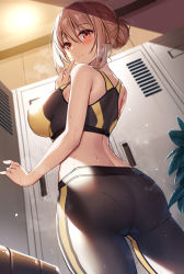Rule 34 | 1girl, alternate costume, arched back, ass, black sports bra, blonde hair, blush, breasts, commentary request, cowboy shot, from behind, from below, from side, hair bun, index finger raised, indoors, large breasts, locker, locker room, mature female, midriff, orange eyes, orange hair, pants, shiny skin, single hair bun, smile, solo, sports bra, steam, sweat, sweatdrop, tank top, xe (execut3r), yahari ore no seishun lovecome wa machigatteiru., yoga pants, yuigahama yui&#039;s mother