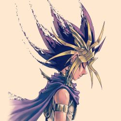 Rule 34 | 1boy, armlet, atem, bad id, bad instagram id, blonde hair, cape, dark-skinned male, dark skin, dissolving, earrings, closed eyes, forehead protector, from side, jewelry, male focus, multicolored hair, sepia background, simple background, sleeveless, solo, spiked hair, takahashi kazuki, upper body, white background, yu-gi-oh!, yu-gi-oh! duel monsters