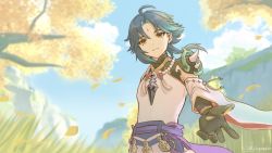 Rule 34 | 1boy, ahoge, bead necklace, beads, belt, black gloves, closed mouth, cloud, cloudy sky, detached sleeves, facial mark, fei (fayappa), genshin impact, gloves, grass, green hair, highres, jewelry, leaf, looking at viewer, male focus, medium hair, mountain, necklace, outdoors, purple belt, sky, smile, solo, spikes, tree, twitter username, wide sleeves, wind, xiao (genshin impact), yellow eyes