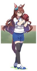 Rule 34 | 1girl, absurdres, ahoge, animal ears, baseball, baseball glove, black thighhighs, blue shorts, bow, braid, breasts, brown eyes, brown hair, closed mouth, crossed legs, ear bow, full body, hands up, high heels, highres, horse ears, horse girl, horse tail, long hair, looking afar, mejiro bright (umamusume), nishiki kazue, original race uniform (umamusume), race bib, shirt, shoes, short sleeves, shorts, small breasts, sneakers, solo, standing, tail, thighhighs, umamusume, watson cross, white shirt