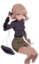 Rule 34 | 1girl, absurdres, alternate costume, arm up, artoria pendragon (all), artoria pendragon (fate), arutera, bad proportions, bag, black shirt, blonde hair, breasts, casual, cropped legs, fate/grand order, fate (series), fishnet pantyhose, fishnets, green eyes, green skirt, handbag, highres, houndstooth, invisible chair, long sleeves, looking at viewer, miniskirt, pantyhose, pencil skirt, print skirt, revision, saber alter, shirt, short hair, sidelocks, simple background, sitting, skirt, small breasts, solo, tsurime, unmoving pattern, white background