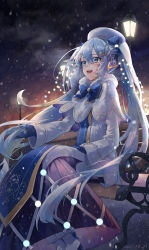Rule 34 | 1girl, absurdres, bass clef, bench, beret, blue bow, blue bowtie, blue eyes, blue gloves, blue hair, blue tabard, boots, bow, bowtie, capelet, commentary, coppepan, dated, dress, fortissimo, fur-trimmed boots, fur-trimmed capelet, fur trim, gloves, gold trim, hair ornament, hand on lap, hat, hatsune miku, highres, lamppost, light blue hair, long hair, musical note, musical note hair ornament, night, open mouth, outdoors, outstretched hand, sitting, smile, snowflake print, solo, tabard, treble clef, twintails, very long hair, vocaloid, white capelet, white dress, white hat, winter, yuki miku, yuki miku (2021)