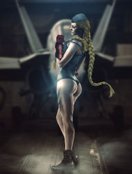 Rule 34 | 1girl, 3d, aircraft, airplane, ass, back, blonde hair, boots, braid, cammy white, capcom, closed eyes, elbow gloves, female focus, fingerless gloves, full body, garrison cap, glaring, gloves, hat, highres, jet, leotard, long hair, military, realistic, solo, strap slip, street fighter, twin braids, very long hair