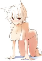 Rule 34 | 1girl, all fours, animal ears, bare arms, bare legs, bare shoulders, barefoot, bikini, blush, breasts, cleavage, collarbone, hanging breasts, inubashiri momiji, kamukamu (ars), large breasts, looking at viewer, nose blush, red eyes, shadow, short hair, side-tie bikini bottom, silver hair, simple background, solo, swimsuit, tail, thighs, touhou, white background, white bikini, wolf ears, wolf tail